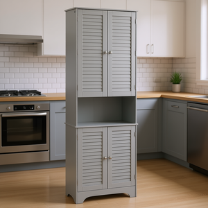 Freestanding Tall <b>Storage</b> Cabinet Double Door Adjustable Shelves Bathroom <b>Kitchen</b> <b>Storage</b> Solution in Grey Farmhouse Style - Product Image 2