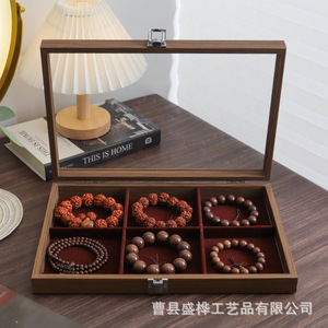 Boîte de rangement pour bijoux en bois avec couvercle en verre, 6 compartiments pour bracelets et perles, boîte de présentation - Product Image 1