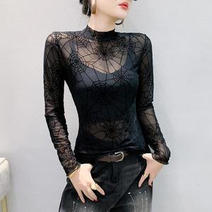 Autunno nuova t-Shirt a collo alto aderente a forma di <span class=keywords><strong>ragno</strong></span> floccante a fiore a manica lunga da <span class=keywords><strong>donna</strong></span> Sexy alla moda camicia piccola - Product Image 3