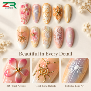 Uñas Postizas de Almendra al por Mayor con Flores 3D, Efecto Ombré Pastel y <span class=keywords><strong>Arte</strong></span> de Uñas Celestial Dorado para Mujer, Sets de Vacaciones de Verano - Product Image 2