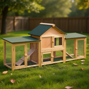 Grand enclos à lapins double 83 en bois avec plateau amovible, toit imperméable, pour usage extérieur, fournitures naturelles pour petits animaux - Product Image 2