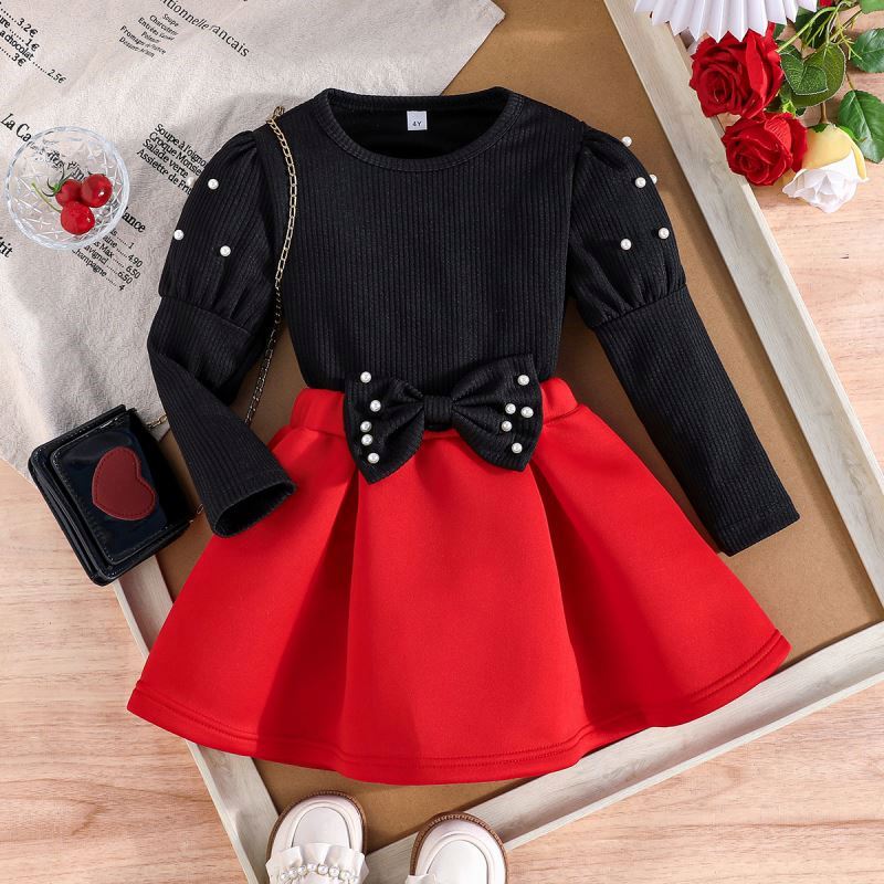 Girls' Temperament Black Red Casual Dress Skirt Long Sleeve Beaded Decoration + Breathable Waist Skirt Spring Autumn Fashion| Alibaba.com Girls' Temperament Black Red Casual Dress Skirt Long Sleeve Beaded Decoration + Breathable Waist Skirt Spring Autumn Fashion| Alibaba.com