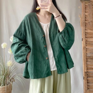 <b>Women</b> Cotton <b>Linen</b> <b>Cardigan</b> Long Sleeve V Neck Loose Plus Size Spring Summer Breathable Top Khaki White Dark Green - Product Image 4