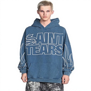 Sweat à capuche brodé Saint Tears pour homme, coupe oversize, streetwear, coton French Terry, bleu, logo au dos, poche, coupe classique, automne - Product Image 5