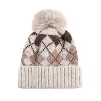 Nouveau bonnet pour enfant en gros certifié OEKO-TEX, avec logo personnalisé, en acrylique jacquard à carreaux, doublé polaire, tricoté, avec pompon, pour l'hiver