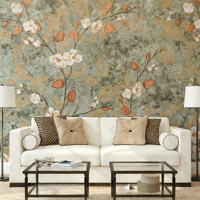 Papier peint mural floral vintage personnalisé, papier peint auto-adhésif peint à la main avec des arbres fleuris pour le salon, la chambre à coucher, l'entrée
