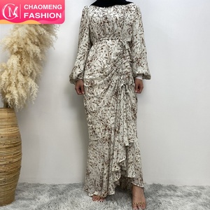 6669# <b>Summer</b> Fashion Small Flower Dress Crew Neck Elasticaed Sleeve Maxi Printed Vacation Dresses With Side Drawstring 4 Colors - Product Image 1