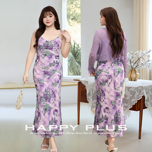 รันฉีชุดเดรสสลิปไซส์ใหญ่สำหรับผู้หญิง ลายดอกไม้สีม่วงโมเนต์ คอวี ทรงหางปลา ชุดเดรสเปิดหลัง N8924 - Product Image 3