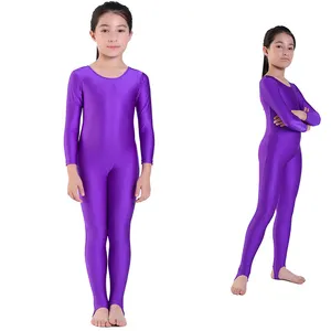 女孩氨纶长袖 Unitard 为舞蹈孩子勺颈部全身紧身衣适合男孩黑色 Unitard Stirrups