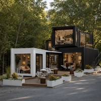 Maison mobile en acier avec aménagement modulaire flexible, grandes portes vitrées et terrasses à plusieurs niveaux