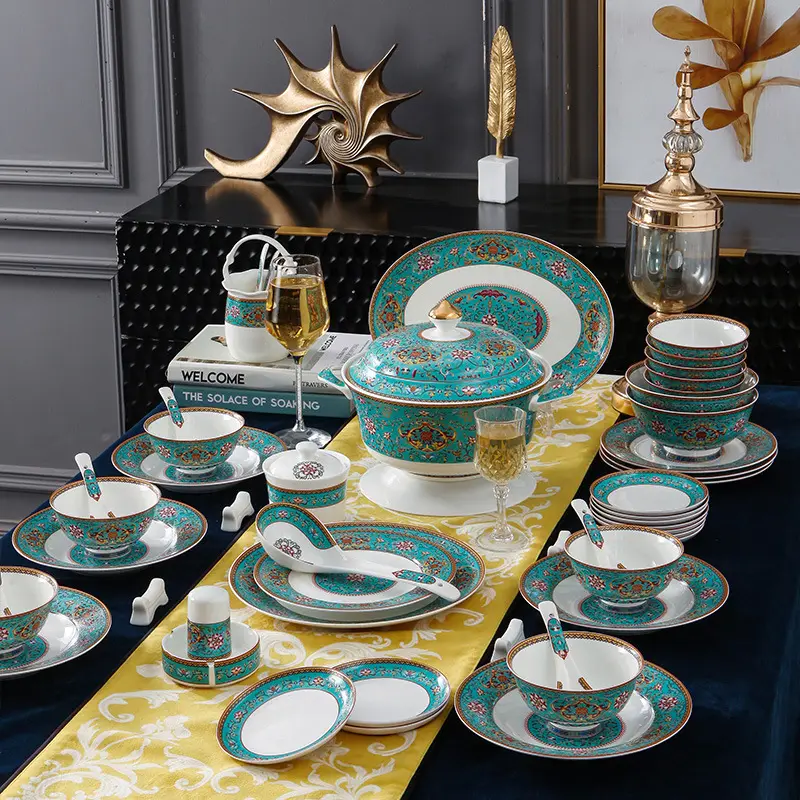 60 шт бытовой Цзиндэчжэнь цвет ручной росписью золотом фарфоровая миска блюдо костянные китайские обеденные керамические набор посуды