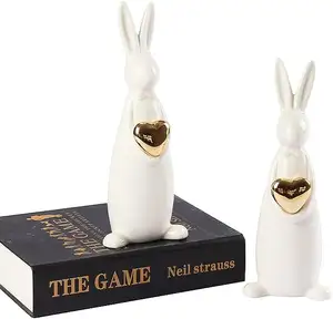 Gốm mùa xuân động vật Bunny bức tượng nhỏ đồ trang trí, Trắng/Vàng Thỏ Bunny