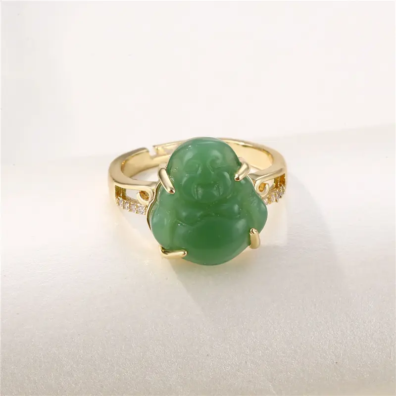 SC Trendy Maitreya Buddha Finger Rings Green Jade Inlaid Zircon Ring Gold Plated Natural Stone Jade Open Rings for Women