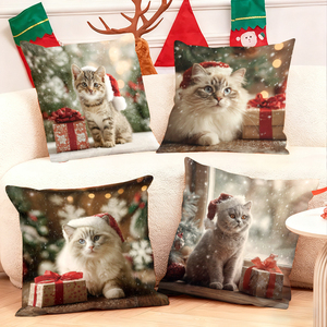 Kucing-kucing Natal dengan topi Santa dan hadiah di sofa nyaman, dekorasi liburan yang meriah, bantal-bantal. - Product Image 1