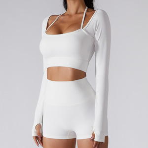 Haut de sport et de yoga à manches longues, uni, moulant, coupe ajustée, style débardeur à bretelles spaghetti et col rond, collection Printemps-Été - Product Image 3
