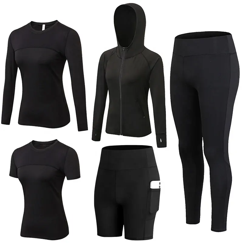 Vente en gros de vêtements de sport vêtements de yoga vêtements de sport haut court à manches longues costume de yoga 5 pièces ensembles de fitness de gymnastique ensembles de vêtements de sport pour femmes