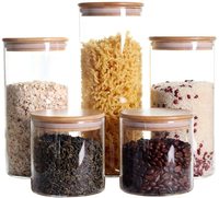 Set Stoples Dapur yang Dapat Ditumpuk, Paket 5 Wadah Penyimpanan Makanan dari Kaca Transparan dengan Tutup Bambu Kedap Udara untuk Permen, Kue Kering