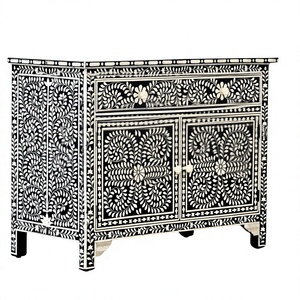 Armoire de rangement contemporaine pour chambre à coucher, en teck noir avec incrustations d'os, motif floral, 2 portes, 3 tiroirs, meubles de luxe de designer - Product Image 1