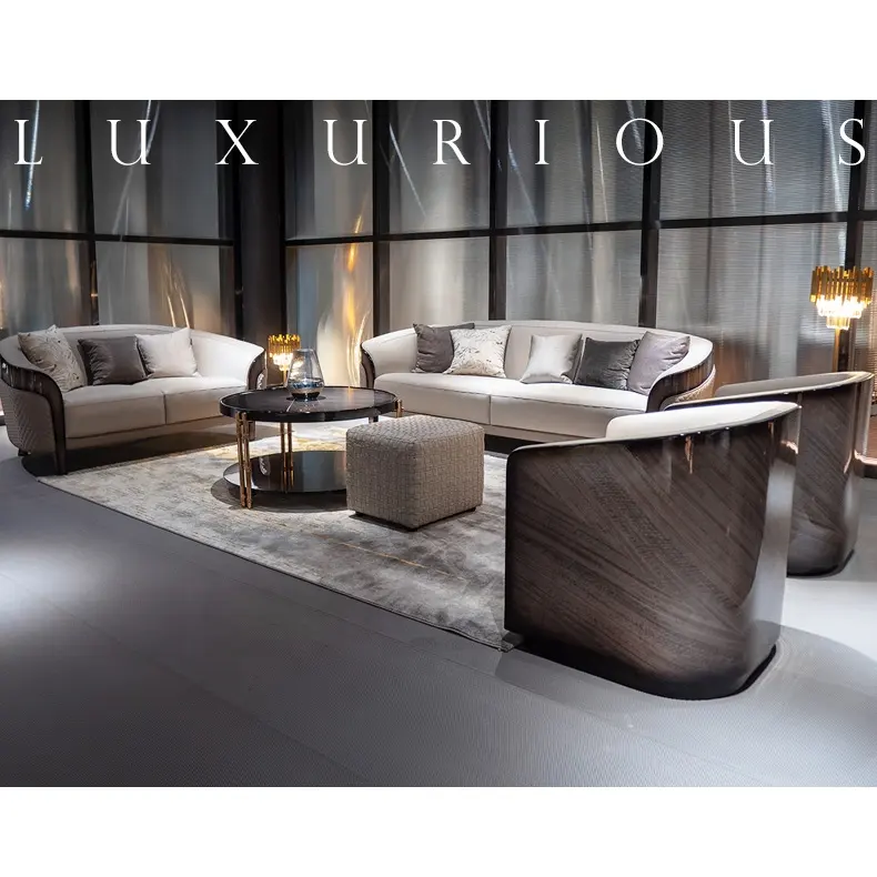 أريكة إيطالية مع قشرة خشبية خفيفة, أريكة غرفة المعيشة الفاخرة ، مجموعة أثاث من الجلد ، أريكة بسيطة