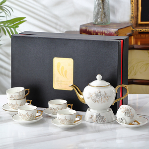 Custom Classic Eco-Friendly 14-Piece Porcelain Coffee & <b>Tea</b> <b>Set</b> with Teapot and Cups in White and Gold - Product Image 2