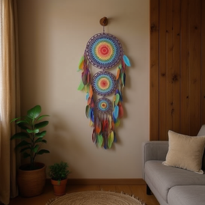 Attrape-rêves coloré à trois couches 35cmx110cm avec plumes multicolores, décoration murale suspendue - Product Image 3