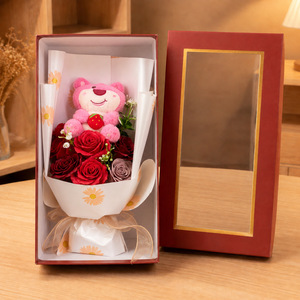 Caja de Regalo con Ramo de Flores de Jabón en Forma de Oso para el Día de San Valentín, Rosa de Imitación, Regalo de Flores Artificiales para el Día de San Valentín - Product Image 5