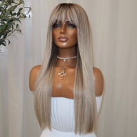 Perruque en cheveux humains Remy, blonde avec mèches, cheveux longs et raides, racine foncée, perruque entièrement en dentelle avec frange, ligne de cheveux naturelle
