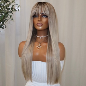 Remy Echthaar Lace Wig Blonde Highlights Langes Glattes Haar Dunkler Ansatz Full Lace Perücke mit Pony Natürlicher Haaransatz - Product Image 3