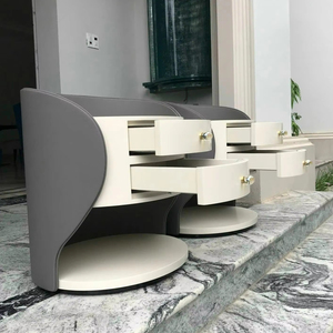 Mesa de Noche Redonda de Madera Moderna de Mediados de Siglo, de Lujo, en Blanco y Gris, con 2 Cajones, para Dormitorio y Sala de Estar - Product Image 1