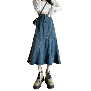 New Design Wholesale Fashionable Plain Dyed Pleated Loose Dresses Big Hem Jeans Denim Skirt Long Skirts For Women