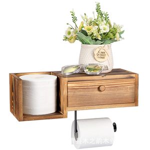 Portarrollos de Papel Higiénico de Madera para Montar en la Pared con Cajón, Estante de Almacenamiento, Organizador de Baño, Madera Maciza Negra Quemada - Product Image 1
