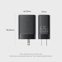 Chargeur USB-C Gan Vention 65W, chargeur pour ordinateur portable, chargeur rapide de type C, chargeur de téléphone