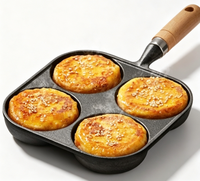 Poêle à petit-déjeuner en fonte à 4 trous, poêle à frire non revêtue pour œufs et burgers avec poignée en bois, compatible avec toutes les plaques de cuisson