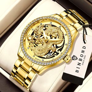 Binbond Men's Gold Dragon Quartz Watch Stainless Steel Strap Diamond Bezel Luminous Calendar Waterproof 30M - Product Image 1