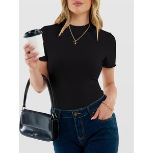FOXA Women's Ribbed <b>Mock</b> <b>Neck</b> Short Sleeve <b>Top</b> Slim Fit Casual Tee Shirt Breathable Spandex Cotton Spring Outfit - Product Image 3
