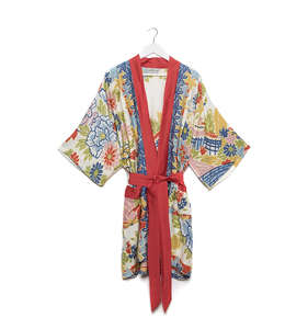 Ropa de dormir chal cuello traje lavado suave de cáñamo impreso traje de lino de <span class=keywords><strong>Kimono</strong></span> largo <span class=keywords><strong>bata</strong></span> camisón - Product Image 1