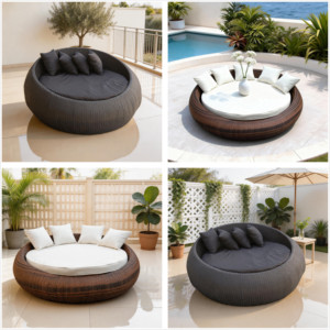 Lit de repos rond en rotin de luxe architectural : Chaise longue à baldaquin ventilée de qualité commerciale pour bord de piscine et hôtel - Conception professionnelle - Product Image 3