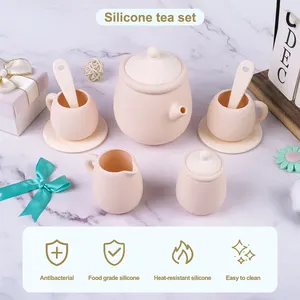 Venta caliente libre de BPA grado alimenticio silicona bebé niños juguete de cocina juego de té de la tarde jugar Casa Fiesta juguete para niños Juego de tazas de té