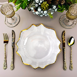 Plato <span class=keywords><strong>de</strong></span> Cristal Transparente con Borde Dorado para Bodas, con Diseño <span class=keywords><strong>de</strong></span> Girasol <span class=keywords><strong>y</strong></span> Borde Ondulado, para Decoración <span class=keywords><strong>de</strong></span> Mesa - Product Image 3