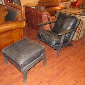 Venta al por mayor marco de madera sillón de cuero vintage relajarse Silla de salón con reposapiés otomana sofá - Product Image 3