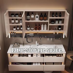 Mueble de Baño Blanco Estilo Crema, Montado en la Pared, con Cuatro Cajones, Lavabo Integrado sin Juntas y Espejo LED Inteligente Antivaho - Product Image 3