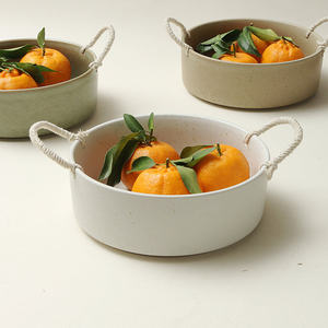 Rustic Ceramic Bowl With Rope Handles 8-11.9in Depth <b>Kitchen</b> <b>Storage</b> Eco-Friendly Design For Fruit Serving - Product Image 1