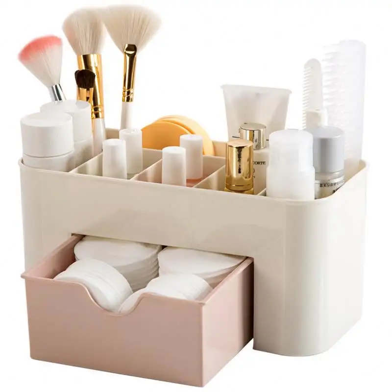 Organizador de mesa transparente portátil, caixa multifuncional de armazenamento de cosméticos e escovas para maquiagem