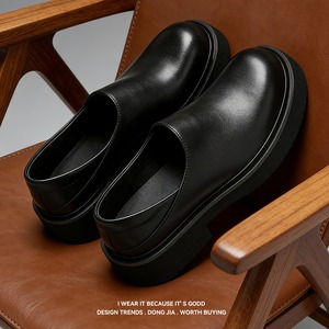 รองเท้าหนังวัวแท้ชั้นแรกทรงกลมเรียบง่ายสำหรับผู้ชาย พื้นหนาเพิ่มความสูง สองคู่ รองเท้าลำลองหนังสีดำแบบสวม - Product Image 2