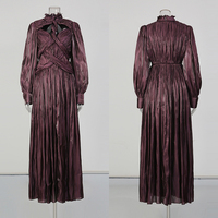 Robe longue plissée de luxe violet foncé pour femme, col montant, manches longues, pour soirée, bal de promo, cérémonie, vente en gros