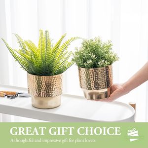 Round Hammered Gold Plated Set of 2 Metal Planters Decorative Flower Pot Home Gardening Accessories Potted <b>Plant</b> <b>stand</b> set - Product Image 4