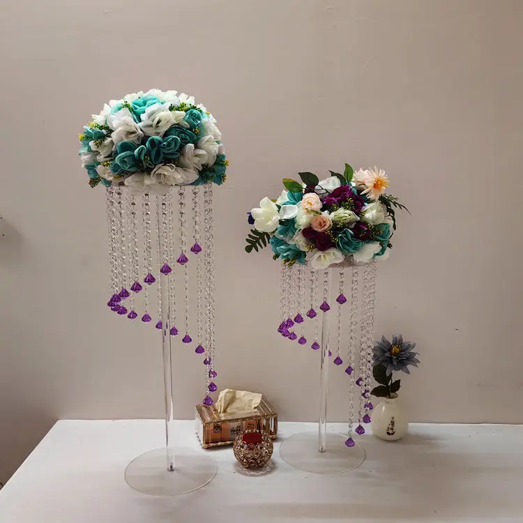 Suporte de flores em acrílico transparente, peças centrais para decoração de mesa de casamento com miçangas suspensas