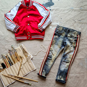 Pantalones Vaqueros Elásticos para Niños al por Mayor, con Estampado de Pintura y Rayas Laterales, Vaqueros Rectos Rotos para Niños - Product Image 4