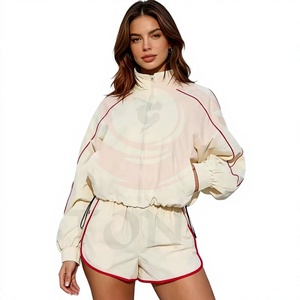 <b>Womens</b> Winter Solid <b>Long</b> Lightweight Track Jacket <b>Shorts</b> Set with Stand Collar Custom Sportswear 2-Piece Athletic Tracksuit - Product Image 1