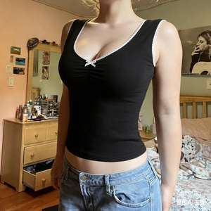 Sweet Cool Girl Bow Tank <b>Top</b> Ruffle Trim Color Block V Neck Sleeveless Fashion <b>Top</b> Women - Product Image 3